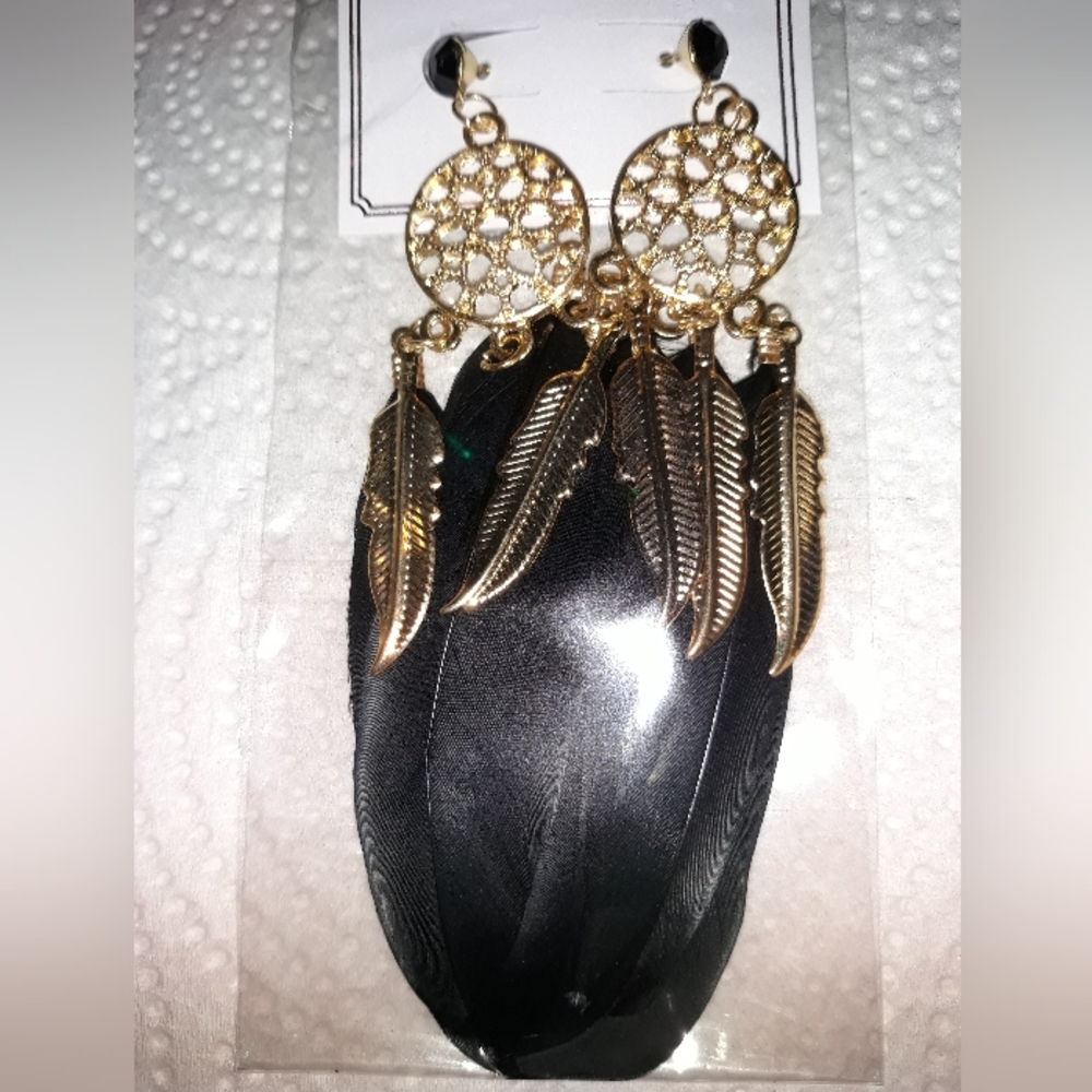 Black Feather Earrings Gold Bohemian Beaded Dangle Dream Catcher NEW